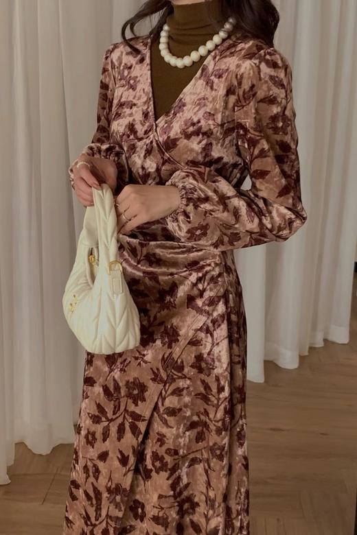 Le Malene V领复古丝绒印花收腰连衣裙 19522 商品图1