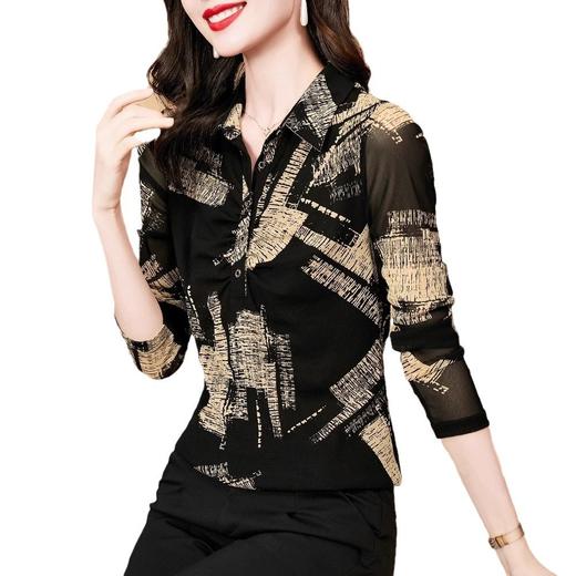 SMZ32766 2024冬季新款洋气百搭印花长袖上衣网纱高级感Polo领妈妈装打底衫 商品图4