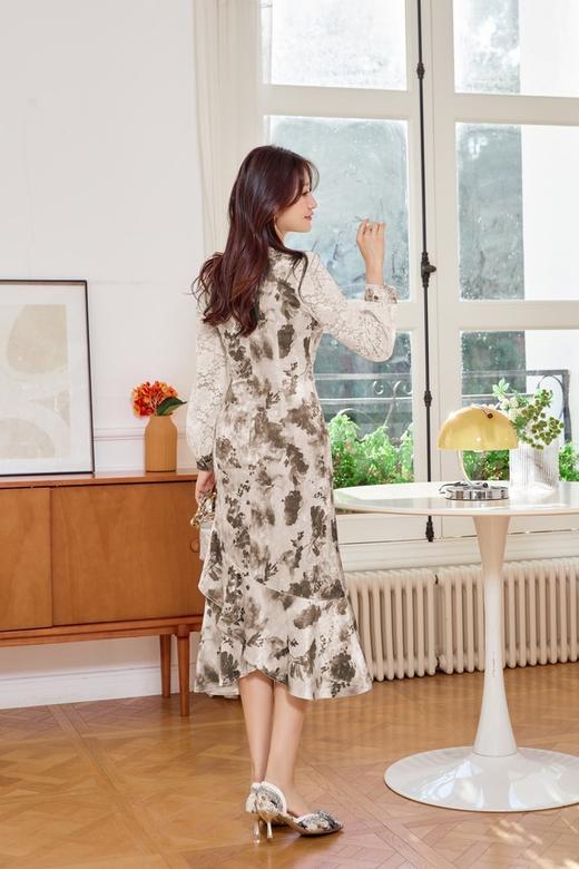 Le Malene 灰绿色丝绒印花拼接蕾丝连衣裙 19514 商品图5