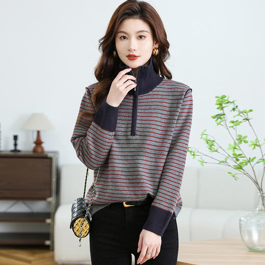 CC-17-6765小个子半拉链立领毛衣女士2024新款秋冬季洋气条纹显瘦厚款打底衫 商品图2