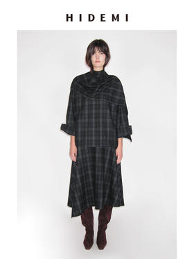 HIDEMI 进口色织格纹厚款羊毛可拆卸围巾设计感多穿式不对称剪裁外套衬衫半裙套装
