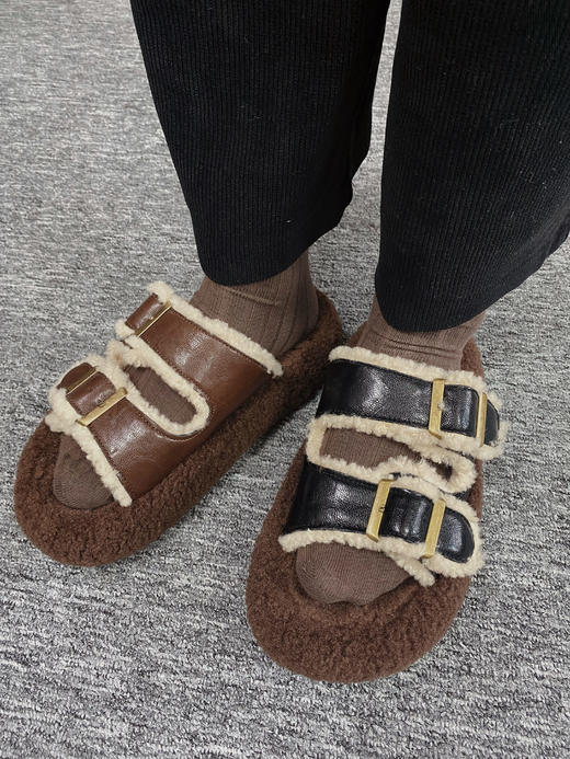 【勃肯拖鞋】跟高4厘米，黑棕两色【拍2减10】厚底棉拖鞋外穿慵懒增高毛毛拖鞋女，十几度温度穿没问题， 商品图1