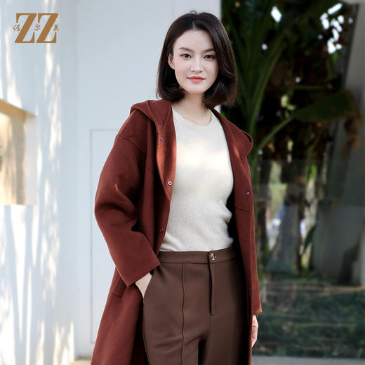 佐尔美冬季新款 气质连帽羊毛双面呢中褛外套女E34SM13 商品图0