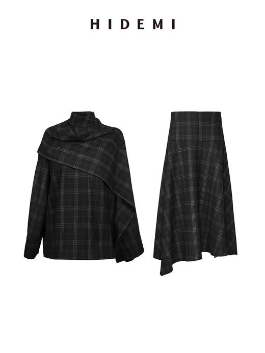HIDEMI 进口色织格纹厚款羊毛可拆卸围巾设计感多穿式不对称剪裁外套衬衫半裙套装 商品图8