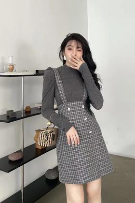 amadella 灰色假两件拼接格纹连衣裙 15259