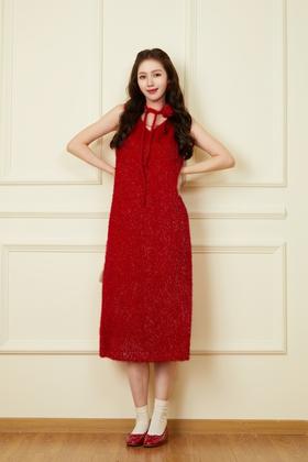 SIA SAYLOR 节日时髦款红色金丝连衣裙 19526【不含飘带】