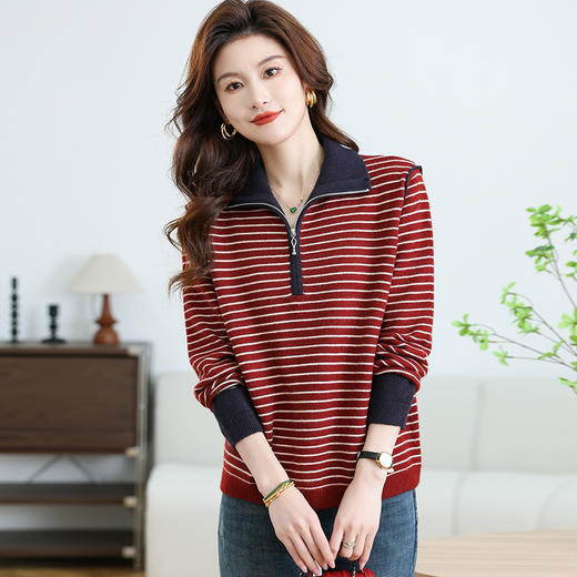 CC-17-6765小个子半拉链立领毛衣女士2024新款秋冬季洋气条纹显瘦厚款打底衫 商品图0