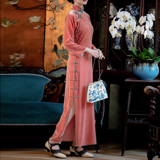 裁缝学苑AQ385春秋丝绒手工盘扣窄长袖民国复古旗袍修身 商品图3