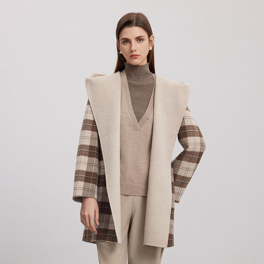 【格纹羊毛羊绒大衣】24年秋冬新品女士V领中长款系带收腰保暖外套 商品图3