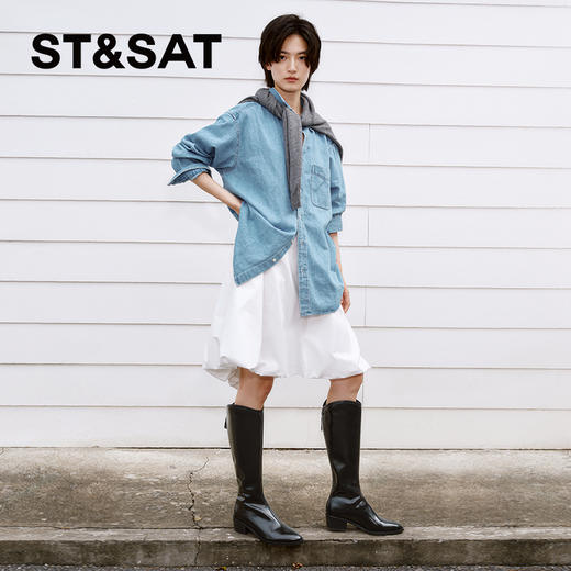 【绒里可选】星期六气质尖头V口显瘦粗跟长靴SSD4117498/SSD4119498 商品图2