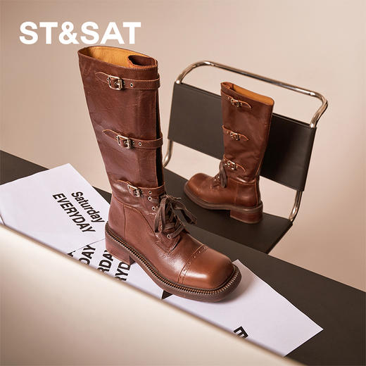 星期六潮流褶皱感复古扣带显瘦长筒靴SSC4117379 商品图5