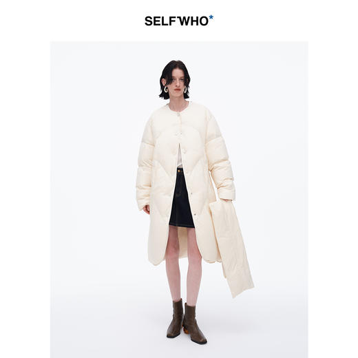 SELFWHO白鸭绒杏色围巾领羽绒服2024冬款保暖宽松中长款圣诞外套 商品图2