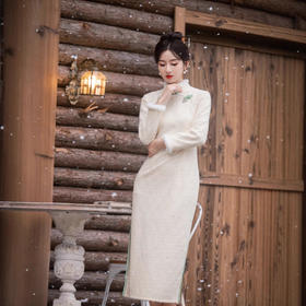 羽毛纱加绒长袖，改良气质甜美日常旗袍MLS7093