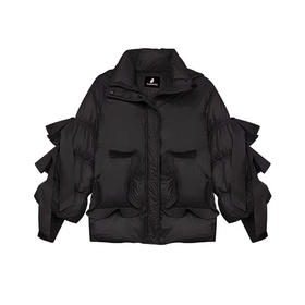 黑色荷叶边口袋鹅绒大衣外套