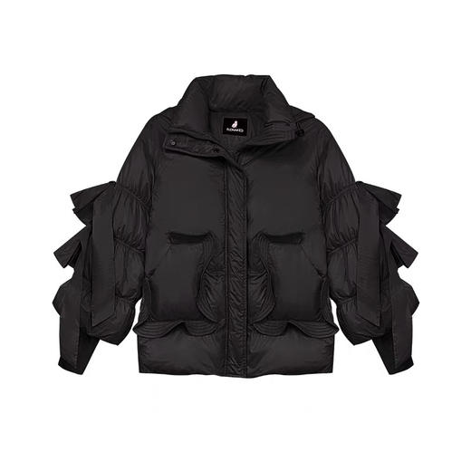 黑色荷叶边口袋鹅绒大衣外套 商品图0