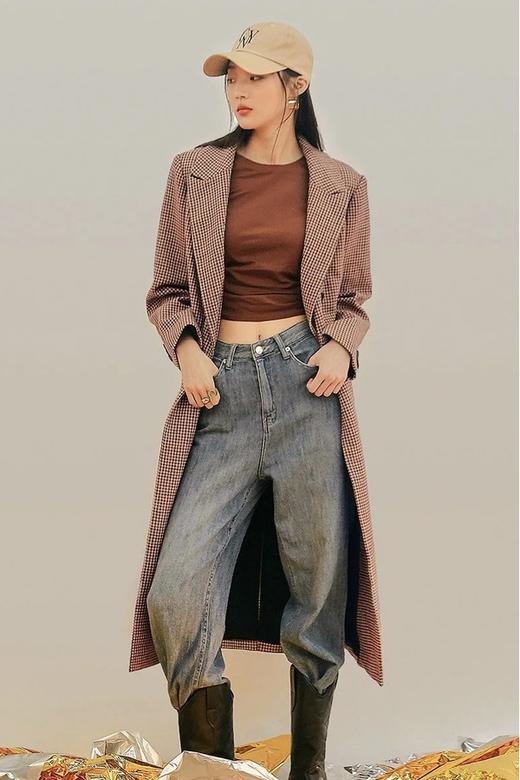 韩都衣舍/Handu Group 韩版格纹长款双排扣西装外套 15132 商品图5