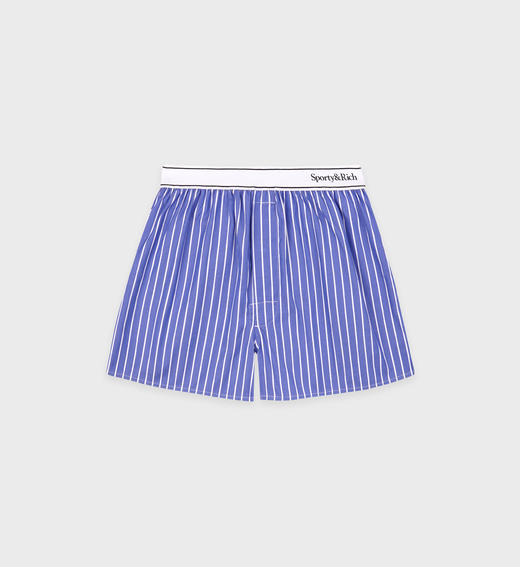 Sporty & Rich - Serif Logo Boxer Short - Blue/White Stripe - 女装 - 短裤 - 蓝色/白色条纹 商品图0