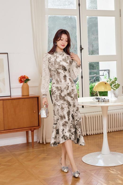 Le Malene 灰绿色丝绒印花拼接蕾丝连衣裙 19514 商品图1