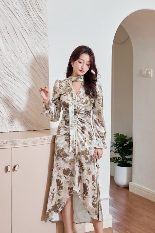 Le Malene 精致优雅丝绒印花飘带连衣裙 19516 商品图4