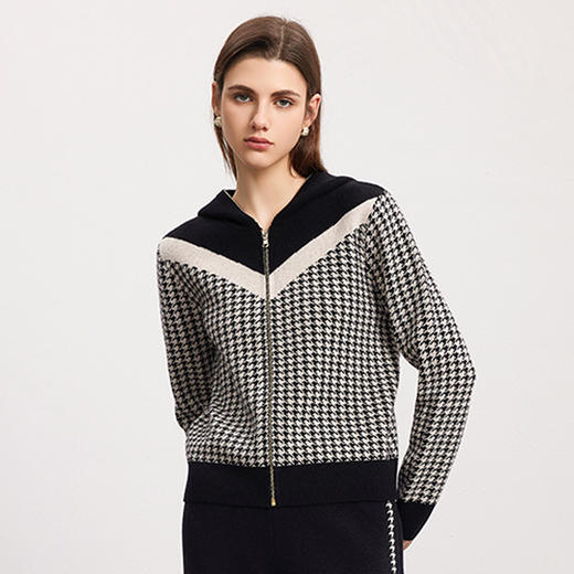 【千鸟格羊绒开衫】羊绒世家秋冬新品女士100%山羊绒条纹撞色连帽针织开衫 商品图0