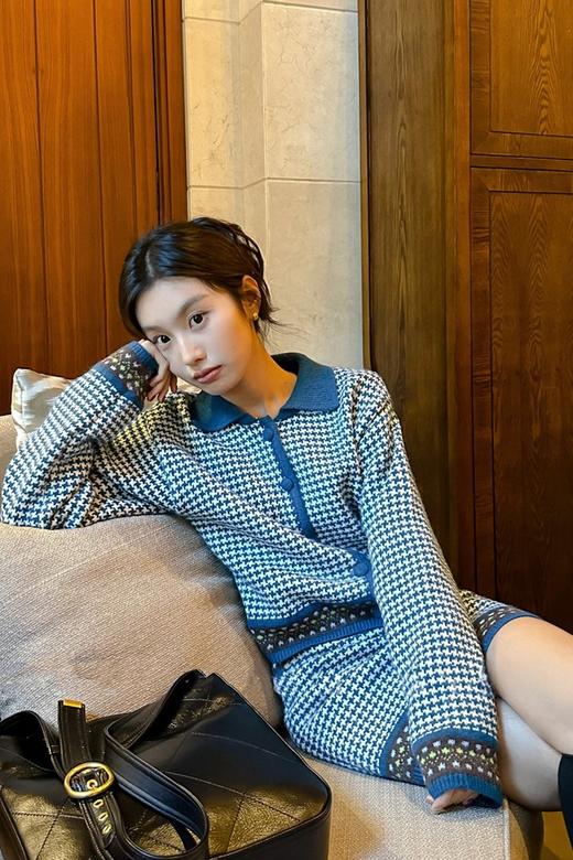 LNNNS 撞色翻领千鸟格开衫半裙针织套装 19528 商品图7