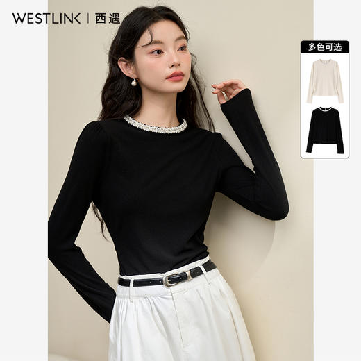 贵气优雅钉珠圆领高级感针织衫女气质宴会百搭打底衫V3842703 商品图0