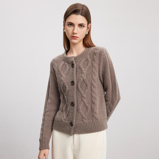 【绞花羊绒开衫】羊绒世家秋冬新品女士100%山羊绒圆领针织绞花开衫外套 商品图2