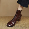 【预售5天】牛皮格纹前拉链马丁靴，粗跟显瘦英伦风酒红色圆头高跟短靴子LD&6978 商品缩略图0