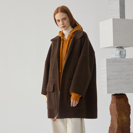 谜底呢子大衣女2024冬季新品时尚翻领大廓形中长款毛呢244GD1482 商品图1