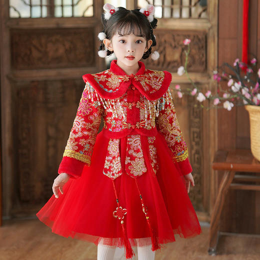 ST-HP366R女童唐装连衣裙2024新款冬季儿童加厚喜庆拜年服小女孩洋气公主裙 商品图1