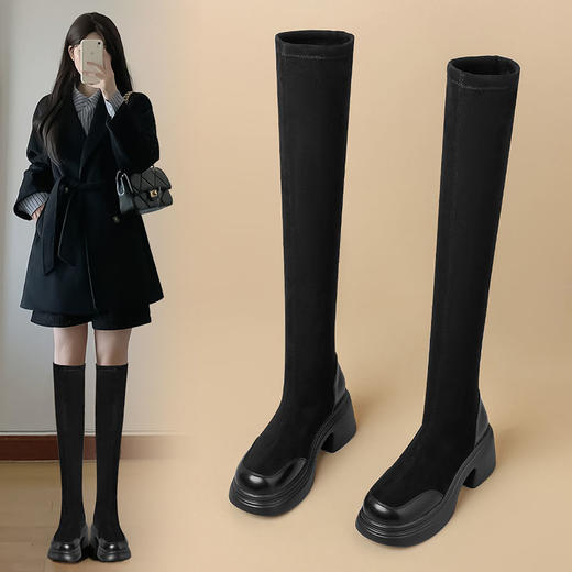 ZHR则则洋气百搭过膝靴2024新款弹力长筒靴粗跟加绒保暖骑士女靴 商品图0