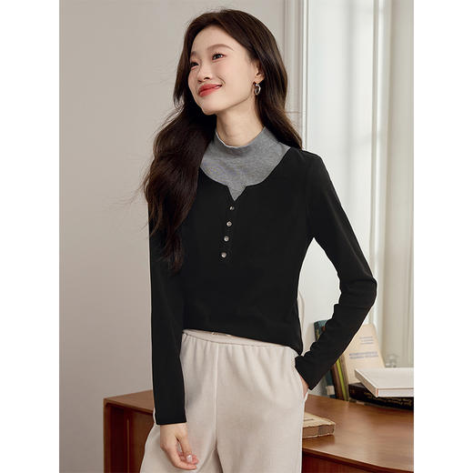 【39元福袋不支持退换】熙世界撞色半高领打底衫假两件上衣女秋冬内搭德绒T恤2025年新款 商品图2