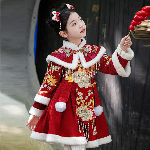 ST-26P328女童唐装洋气冬季2024新款儿童过年喜庆中国风女孩红色加厚公主裙 商品图1