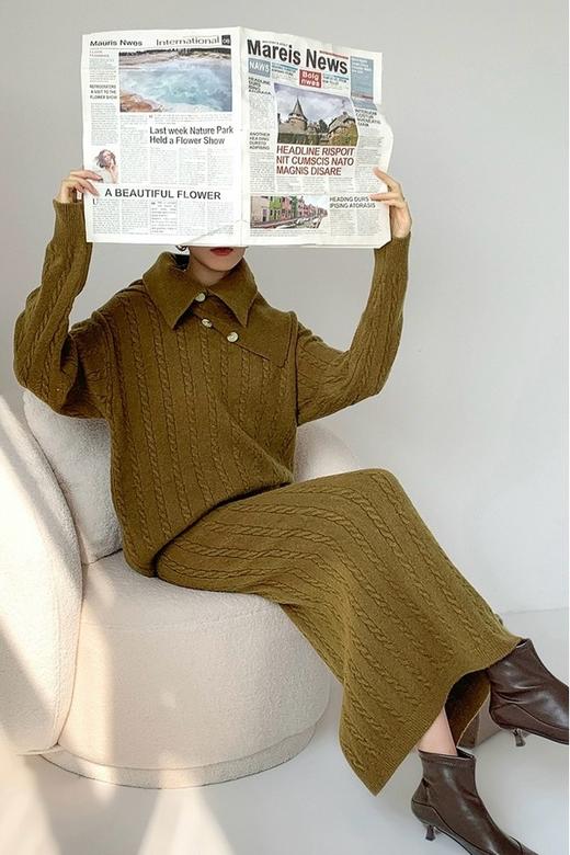 LNNNS 慵懒围脖上衣半裙绞花针织三件套套装 19605 商品图0