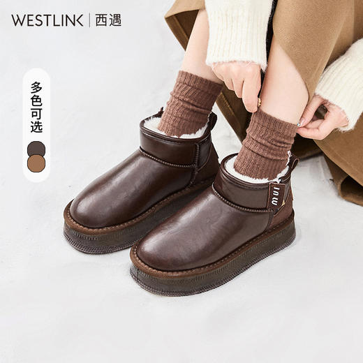 西遇保暖雪地靴女冬季新款复古皮面厚底短靴加厚加绒东北棉鞋D4347841 商品图0