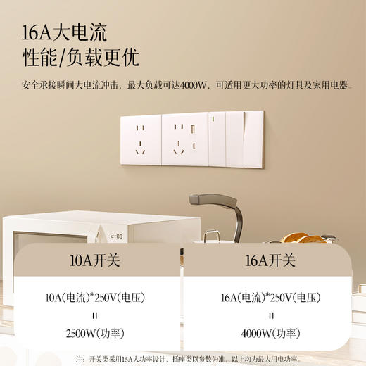 欧普（OPPLE）开关插座W18悦灵月光白usb空调16A插座五孔10A面板暗装二开多控 商品图3