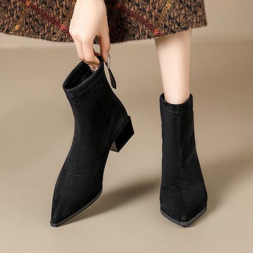 ZHR则则绒面弹力靴2024新款尖头粗跟瘦瘦靴优雅气质短靴加绒女靴 商品图4