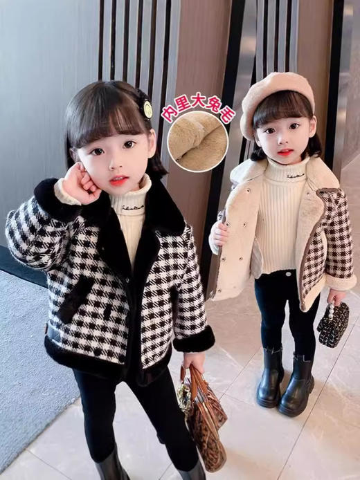 【时尚版型，设计感十足！】女童加厚外套秋冬装 新款洋气网红儿童 女宝宝加绒格子呢子大衣-QQ 商品图0