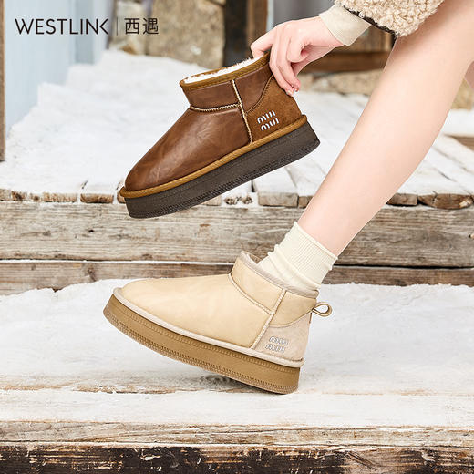 西遇厚底雪地靴女加绒冬季新款复古皮面厚底面包鞋保暖棉鞋D4147840 商品图0
