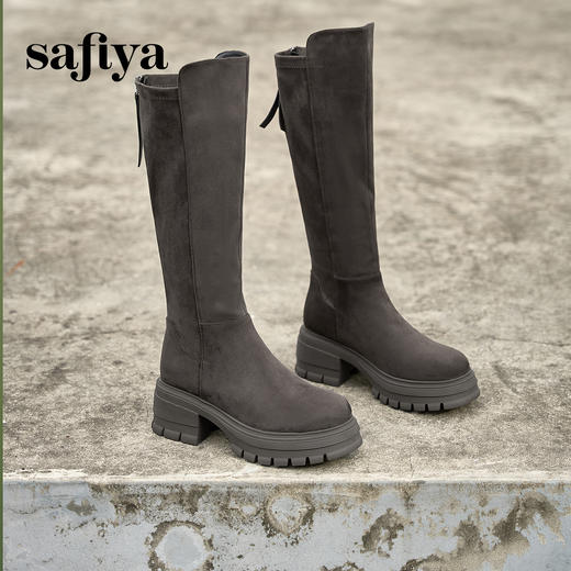 预售10天发|Safiya/索菲娅2024秋冬不过膝瘦瘦弹力绒面粗跟小个子增高长靴 SF44117278 商品图8