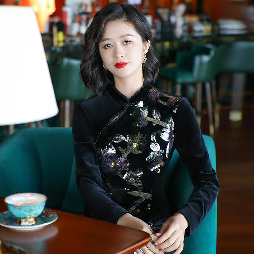 OY-24317复古中国风女装秋季新款丝绒刺绣改良长袖旗袍连衣裙24317 商品图4