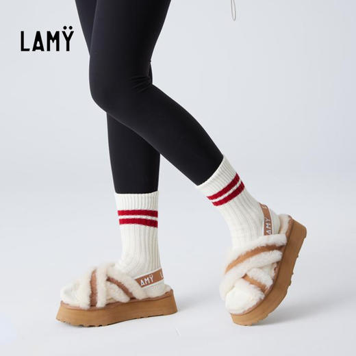 LAMY交叉带澳洲羊皮毛一体厚底休闲松紧带时尚松糕鞋HZ005 商品图1