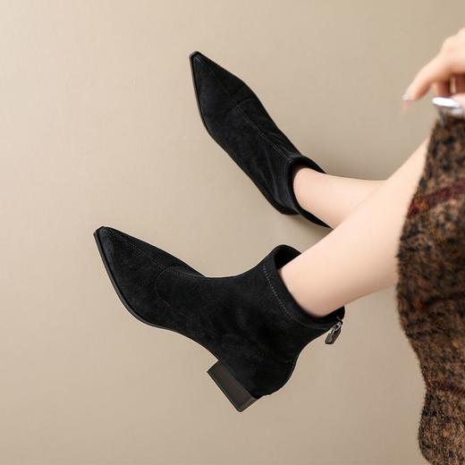 ZHR则则绒面弹力靴2024新款尖头粗跟瘦瘦靴优雅气质短靴加绒女靴 商品图6
