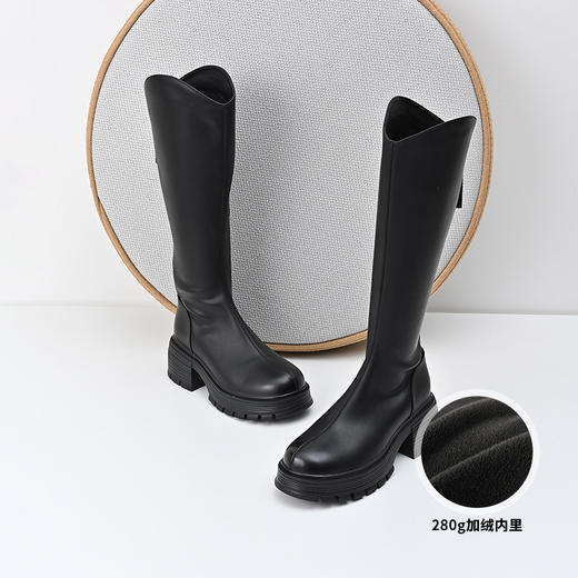 经典鲨2024冬季新款百搭圆头加绒保暖后拉链中粗跟长筒靴女KW385-D58011 商品图1