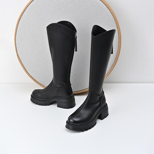 经典鲨2024冬季新款百搭圆头加绒保暖后拉链中粗跟长筒靴女KW385-D58011 商品图2