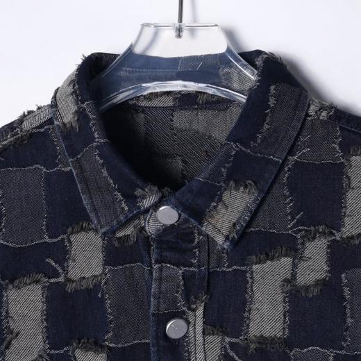 CS201秋冬季新款牛仔衬衫外套潮流时尚个性拼接格子长袖衬衣男装 商品图2