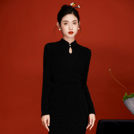 OY-230315中国风女装春季2024年新款复古针织提花长款改良黑色连衣裙230315 商品图1
