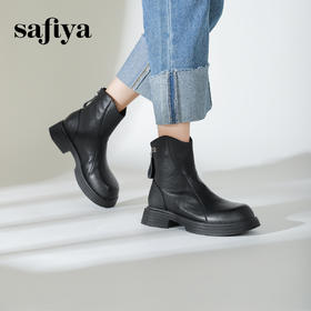 预售10天发|Safiya/索菲娅2024冬休闲圆头粗跟时尚百搭加绒加厚后拉链短踝靴 SF44116413/SF44118413