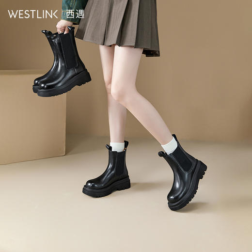 西遇厚底切尔西靴女加绒冬季新款英伦风复古中筒靴子黑色短靴SS248617/SS248616 商品图0