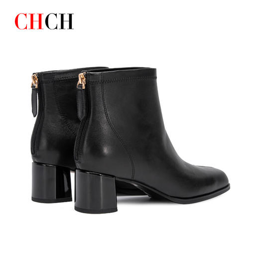 CHCH平衡鞋2024秋冬新品方头粗跟时装靴牛皮短靴女靴CO2B6031 商品图4